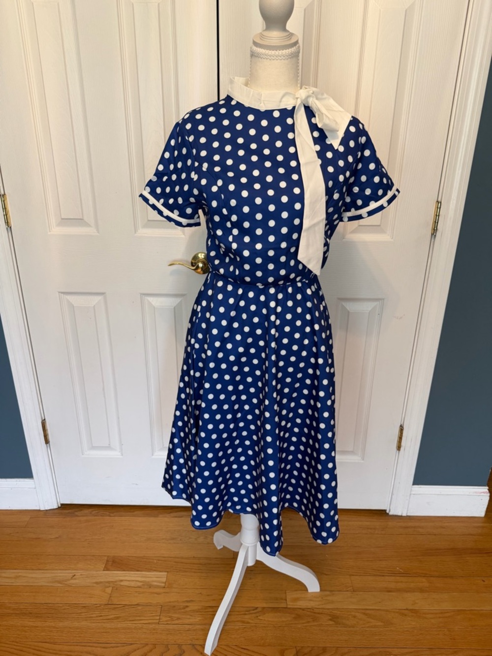 Blue & White Polka Dot Vintage-Inspired Dress with Scarf